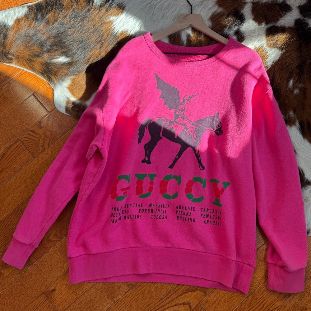 Authentic GUCCI Cotton WINGED JOCKEY Fuchsia Pink OVERSIZED Sweatshirt XL Guccy